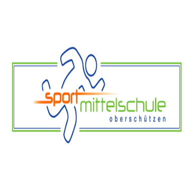Logo der Sportmittelschule Oberschulzen, mit einer blauen und orangefarbenen Lauffigur und einem grünen Rand.