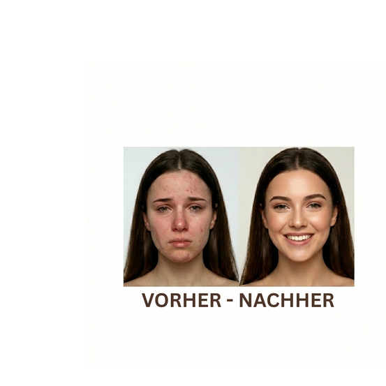 Zwei Bilder nebeneinander zeigen eine Frau vor und nach. Das Vorher-Bild zeigt Akne und einen ernsten Ausdruck. Das Nachher-Bild zeigt klare Haut und einen lächelnden Ausdruck.