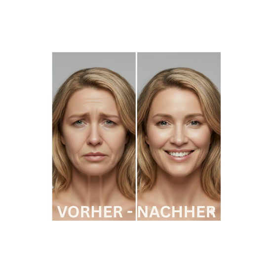 Vorher und nachher Bilder des Gesichts einer Frau. Die linke Seite zeigt einen ernsten Gesichtsausdruck und die rechte Seite zeigt einen lächelnden Gesichtsausdruck. Der Text lautet 'VORHER - NACHHER'.