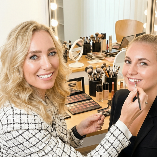 Eine Frau mit blonden Haaren schminkt eine andere Frau vor einem Spiegel, mit Schminkutensilien auf dem Tisch.
