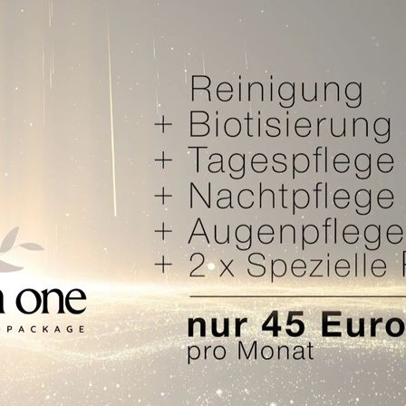 Eine Werbung für ein Schönheitspaket, das Reinigung, Bio-Behandlung, Tages- und Nachtpflege, Augenpflege und zwei spezielle Behandlungen für 45 Euro pro Monat beinhaltet.