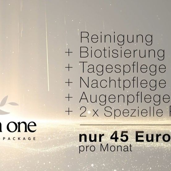 Eine Werbung für ein Schönheitspaket, das Reinigung, Bio-Behandlung, Tages- und Nachtpflege, Augenpflege und zwei spezielle Behandlungen für 45 Euro pro Monat beinhaltet.