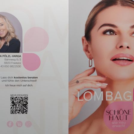 Eine Werbung für Lombag zeigt eine lächelnde Frau mit rosa Lippen und weißen Nägeln. Der Text bietet eine kostenlose Beratung an und präsentiert die Standort- und Kontaktdaten des Unternehmens.