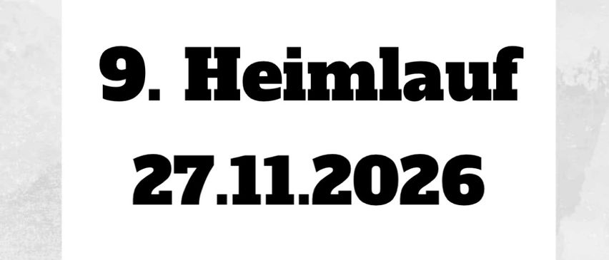 A white poster with a logo and the date November 27, 2026. It reads '9. Heimlauf'. The logo features a skull with horns and a building with the text 'Blumauer Pulver Teuf'. The image has a gray-white background.