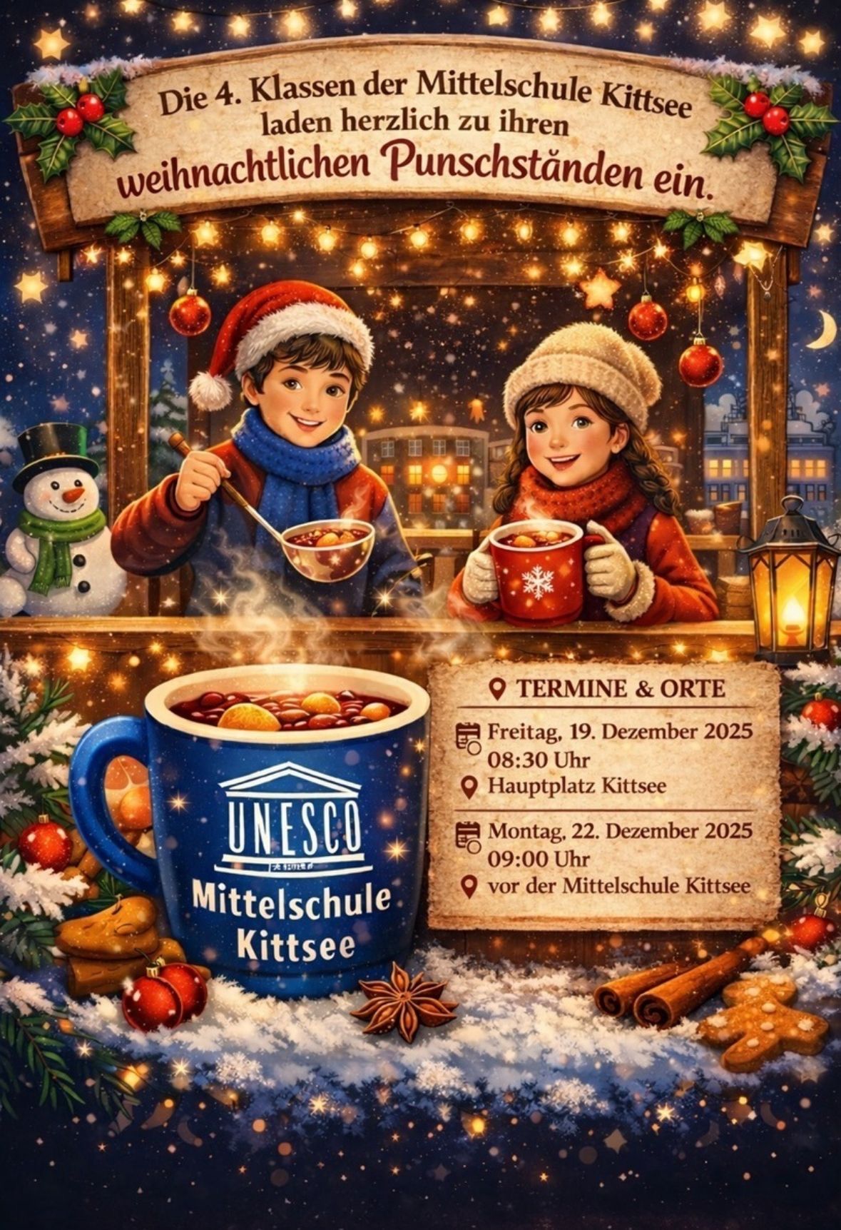 Illustration von zwei Kindern, einem Jungen und einem Mädchen, gekleidet in Winterkleidung und halten Tassen mit heißen Getränken. Der Junge rührt in seiner Tasse, und das Mädchen hat ein Schneeflockendesign auf ihrer. Das Bild ist in einer verschneiten Szene mit einer Laterne und Weihnachtsdekorationen gesetzt.