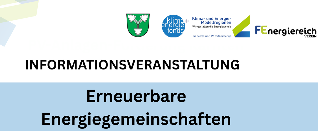 Das Bild zeigt Logos eines Klimafonds und einer Gemeinschaftsinitiative, die erneuerbare Energien und Gemeinschaftsengagement fördern. Oben links befindet sich ein grünes Emblem mit einer Schaufel, das Umweltbemühungen symbolisiert. Oben rechts ist ein Logo für 'Klima- und Energie Modellregionen' zu sehen, was auf einen Fokus auf Klima- und Energiemodellregionen hinweist. Darunter steht der Titel 'TIONSVERANSTALTUNG', gefolgt vom Text 'Erneuerbare Gemeinschaften', was 'Erneuerbare Gemeinschaften' bedeutet.