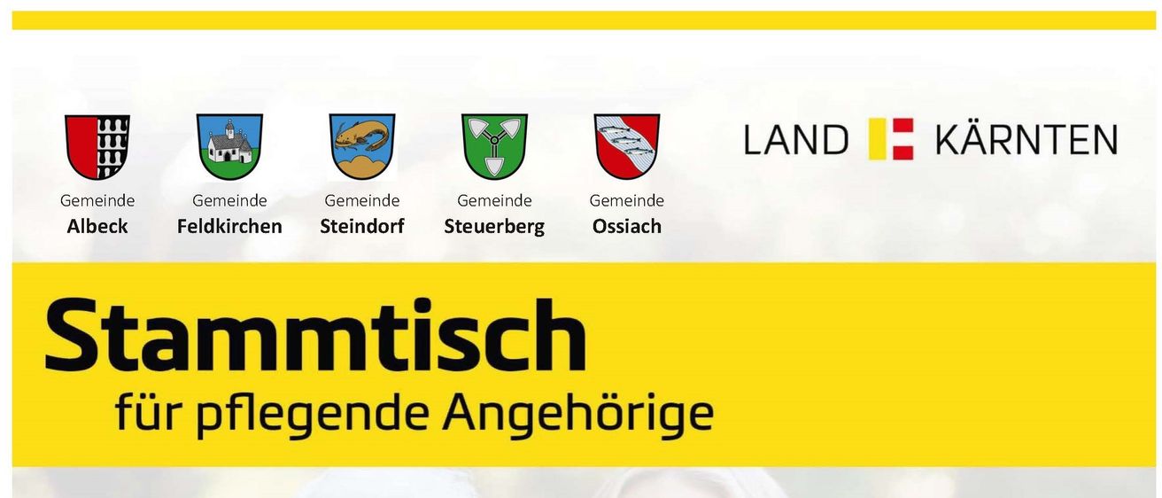 Das Bild zeigt Logos von drei Gemeinden in Österreich. Von links nach rechts sind es Steindorf, Steuerberg und Ossiach. Die Logos zeigen jeweils ein Wappen mit einzigartigen Symbolen. Unter jedem Logo steht der Text 'Gemeinde'. Der zentrale Text 'Land' steht über den Logos und 'Gemeinde Angehörige' darunter.