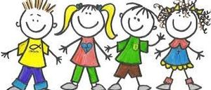 Five smiling children in casual clothes, standing in a row. The boy on the left wears a yellow shirt, the girl next to him a pink dress. The middle child wears a green shirt. The girl on the right has a blue dress. The children are holding hands.