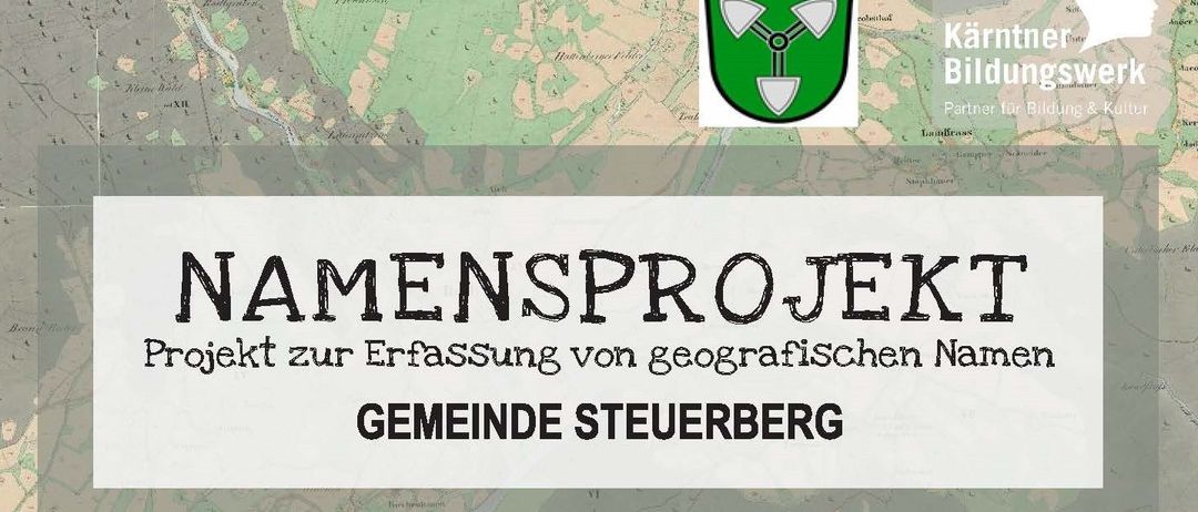 Eine Karte von Steuerberg mit einem grünen Wappenschild, der drei weiße Klingen zeigt. Unter der Karte steht in fetter Schrift 'AMENSPROJE' und 'zur Erfassung von geografischer'. Darunter ist der Text 'GEMEINDE STEUERBERG' großartig dargestellt.