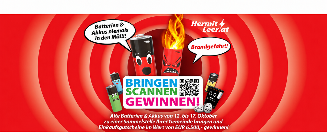 Poster with cartoon batteries and a fire warning, encouraging people to bring old batteries to a collection point for a chance to win vouchers.