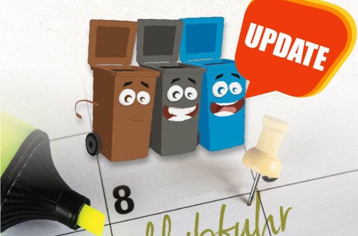 Illustration of a calendar with an update sign and different colored trash bins. The date 8 is marked with a highlighter. The word 'Millabfuhr' is written in green.