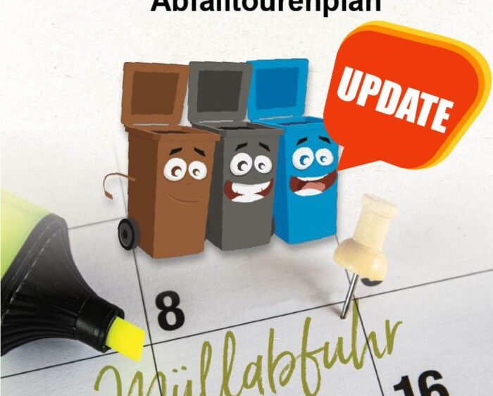 Illustration eines Kalenders mit einem Update-Schild und verschiedenfarbigen Mülleimern. Der Termin 8 ist mit einem Marker markiert. Das Wort 'Millabfuhr' ist in Grün geschrieben.