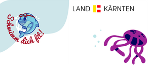 Illustration eines Fisches mit den Worten 'Fish fit!' darüber und einer lila Meereskreatur mit den Worten 'LAND KÄRNTEN' darunter.