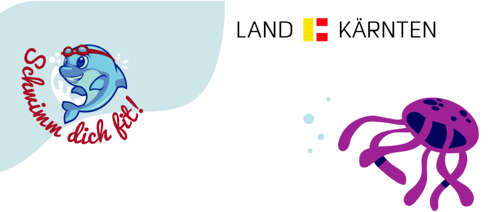 Illustration eines Fisches mit den Worten 'Fish fit!' darüber und einer lila Meereskreatur mit den Worten 'LAND KÄRNTEN' darunter.