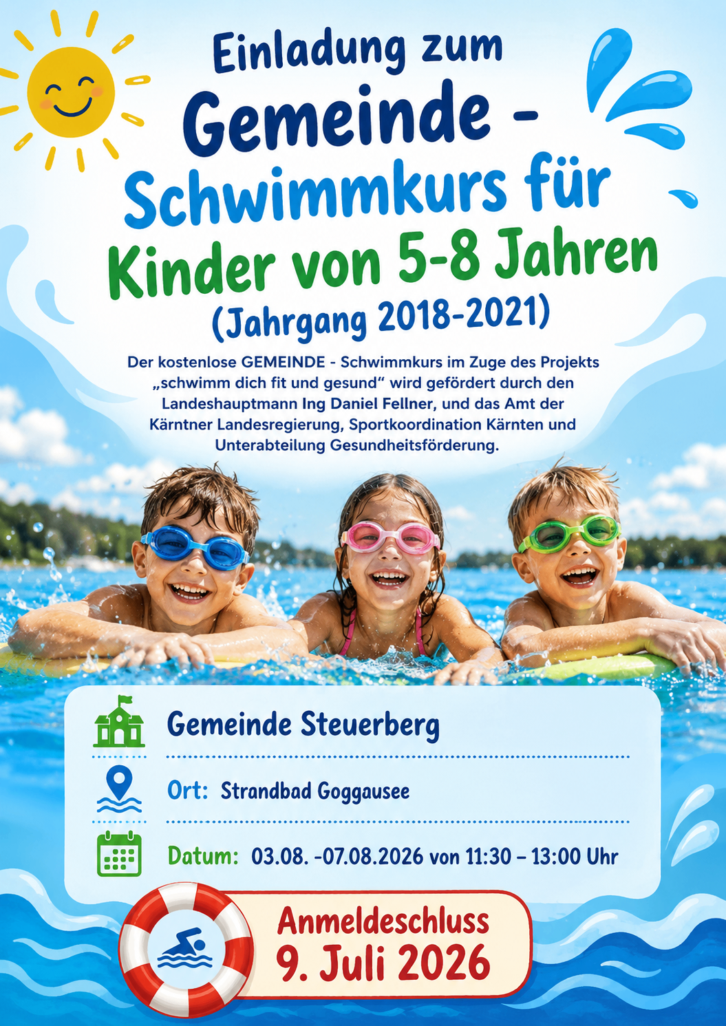 Plakat für kostenlose Gemeinde-Schwimmkurse für Kinder von 5-8 Jahren, veranstaltet von Ing Daniel Fellner. Termine: 03.08.-07.08.2026 von 11:30-13:00 Uhr am Strandbad Goggingsee.