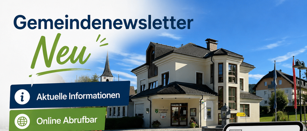 Werbung für einen Gemeindenewsletter mit einem Bild eines Hauses. Es enthält den Slogan 'Neu' und bietet Online-Leseoptionen an.