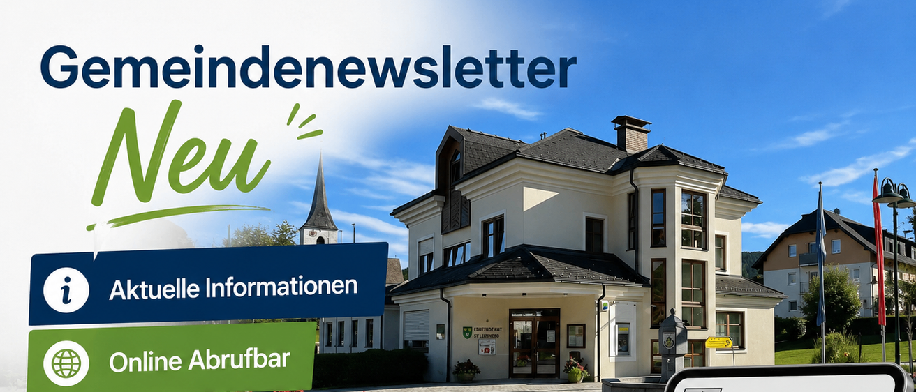 Werbung für einen Gemeindenewsletter mit einem Bild eines Hauses. Es enthält den Slogan 'Neu' und bietet Online-Leseoptionen an.