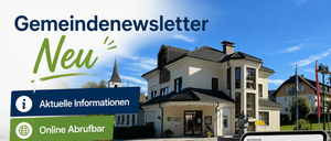 Werbung für einen Gemeindenewsletter mit einem Bild eines Hauses. Es enthält den Slogan 'Neu' und bietet Online-Leseoptionen an.