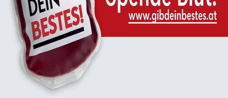 Ein Blutspendebeutel mit dem Text Gib dein Bestes! Spende Blut. Website www.gibdeinbestes.at. Datum: Montag, 6. Oktober 2025.