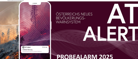 Ein Bild zeigt einen Alarm auf einem Smartphone-Bildschirm mit den Texten 'ALERT' und 'WARNING'. Im Hintergrund ist eine Feuerszene zu sehen. Der Text rechts ist in Deutsch und lautet 'PROBEALARM 202 Aussendung BTW'.