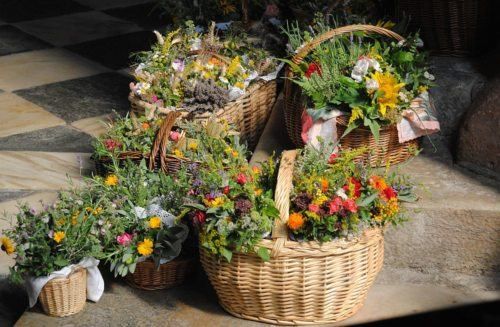 Mehrere Korbe aus Weide gefüllt mit bunten Blumen stehen auf einem gefliesten Boden. Die Körbe sind in einer Reihe angeordnet, wobei einige mehr Blumen enthalten als andere.