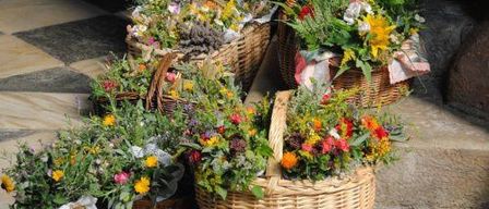 Mehrere Korbe aus Weide gefüllt mit bunten Blumen stehen auf einem gefliesten Boden. Die Körbe sind in einer Reihe angeordnet, wobei einige mehr Blumen enthalten als andere.