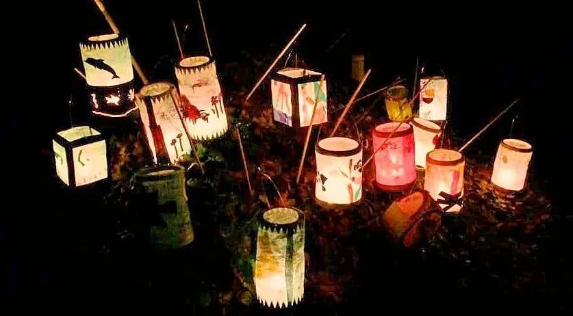 Verschiedene handgefertigte Laternen mit einzigartigen Designs sind nachts beleuchtet. Sie stehen mit Stöcken auf dem Boden und werfen ein warmes Licht.