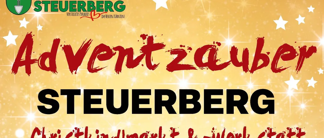 Ein gelbes Plakat mit einem Berglogo oben. Es steht 'vent zum TEUERBERG' in fetten roten Buchstaben. Unten steht 'tkindlmarkt & -werk' in Rot. Der Hintergrund hat Sterne.