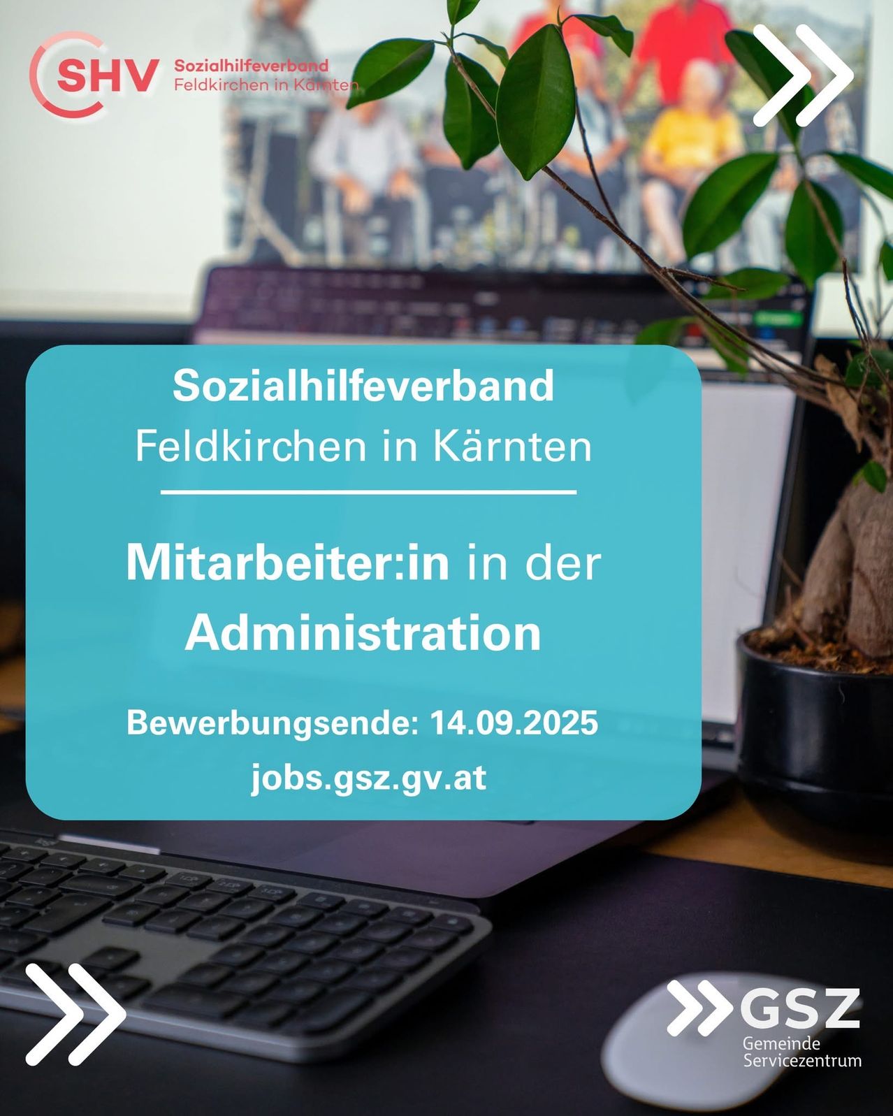 Ein blaues Schild mit weissem Text in der Mitte des Bildes trägt die Aufschrift 'Sozialhilfeverband Feldkirchen in Kärnten Mitarbeiter:in in der Administration Bewerbungsende: 14.09.2025 jobs.gsz.gv.at'. Das Bild zeigt einen Computer mit einem Topfplanten auf der rechten Seite.