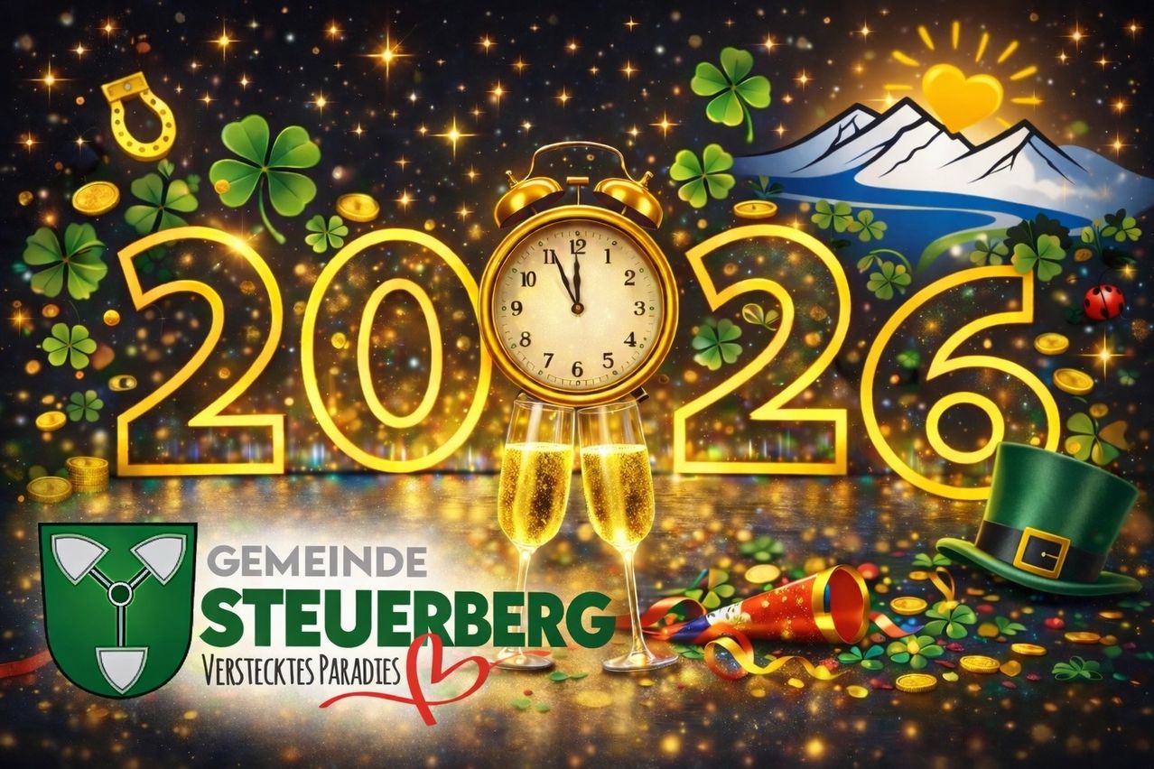 Eine Werbung für die Gemeinde Steuerberg, mit einer Uhr, die das Jahr 2023 anzeigt, zwei Champagnergläser und einem festlichen Hintergrund mit Konfetti und Goldmünzen.