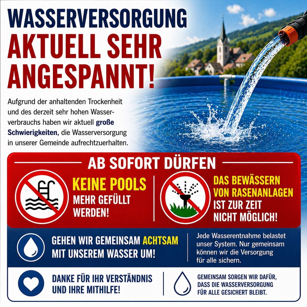 Ein Poster zeigt einen Wasserschlauch, der einen Pool füllt. Es steht 'Wasserversorgung aktuell sehr angespannt!' und 'Keine Pools mehr erlaubt'. Das Poster ermutigt zur gemeinschaftlichen Wassereinsparung.