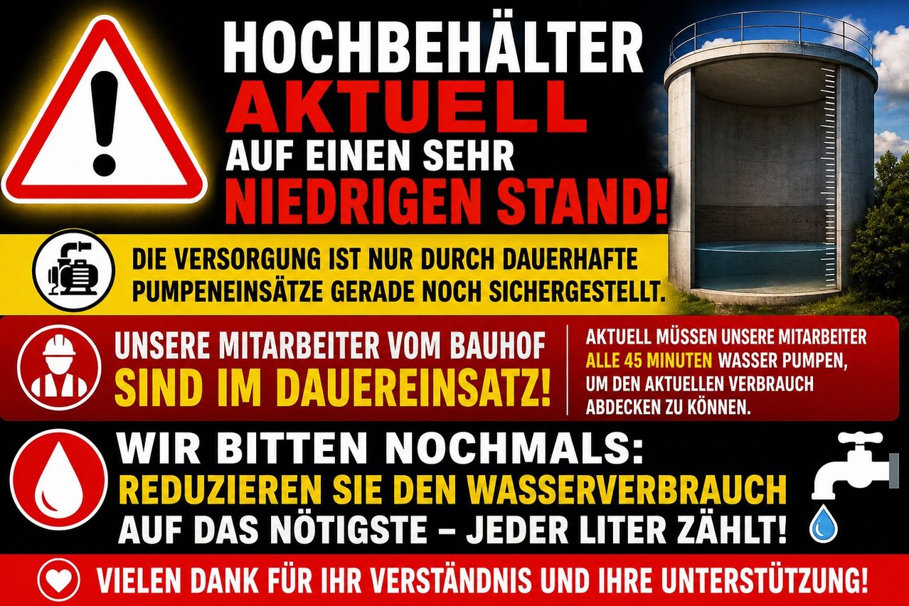 A poster with a warning sign about low water levels at a reservoir. It urges people to reduce water usage. Workers must check the reservoir every 45 minutes. It emphasizes the importance of conserving every liter of water.
