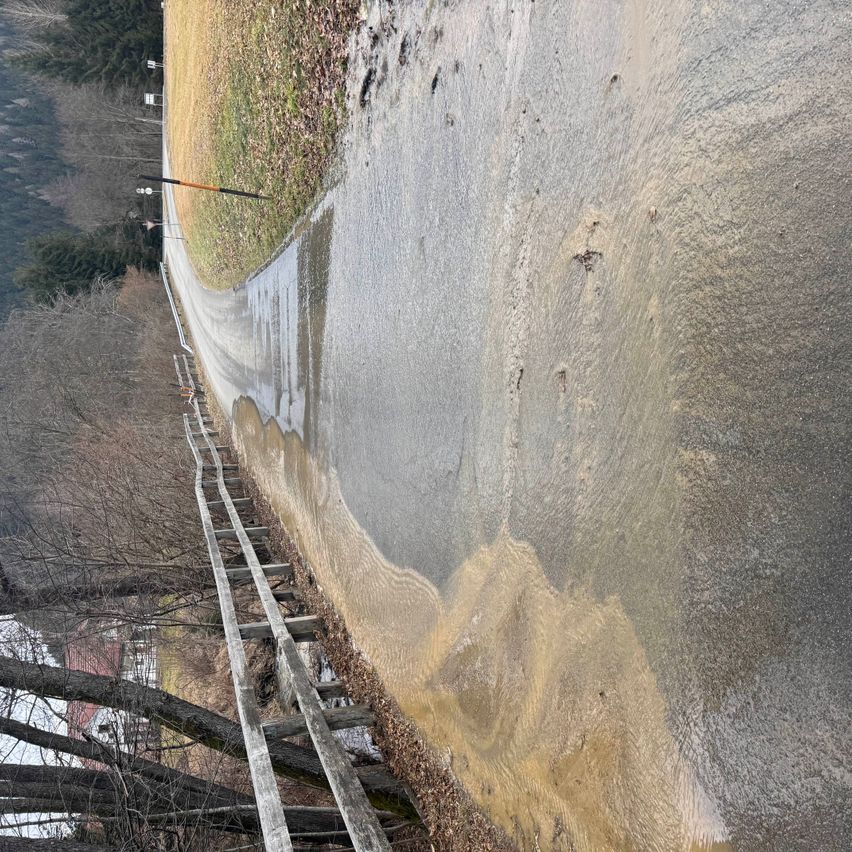 Eine Draufsicht auf eine Straße zeigt eine nasse, graue Oberfläche mit einer hölzernen Leiter an der Seite. Bäume und ein Haus sind im Hintergrund zu sehen.