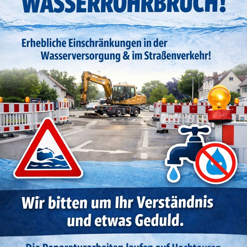 Ein Poster zeigt einen Wasserrohrbruch mit einem Warnschild, einem Baufahrzeug und Straßensperrungen. Es bittet um Verständnis und Geduld.