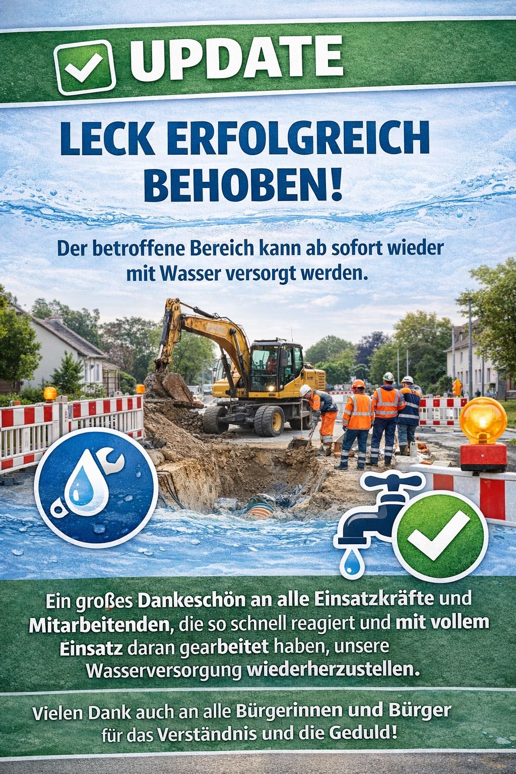 Eine Werbung zeigt eine Baustelle mit Arbeitern, Maschinen und einem Wassersymbol, mit der Überschrift 'Leck erfolgreich behoben!' und der Aussage, dass der betroffene Bereich sofort mit Wasser versorgt werden kann.