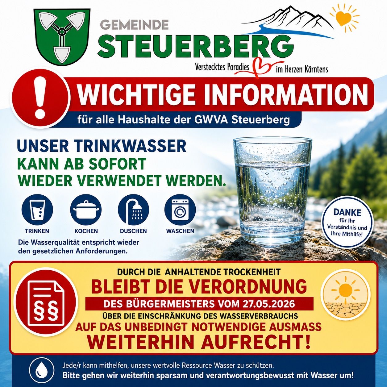 Eine Werbung für Gemeinde Steuerberg kündigt an, dass Trinkwasser wieder verwendet werden kann. Es zeigt ein Glas Wasser und Symbole für Trinken, Kochen, Duschen und Waschen. Der Text ist auf Deutsch.