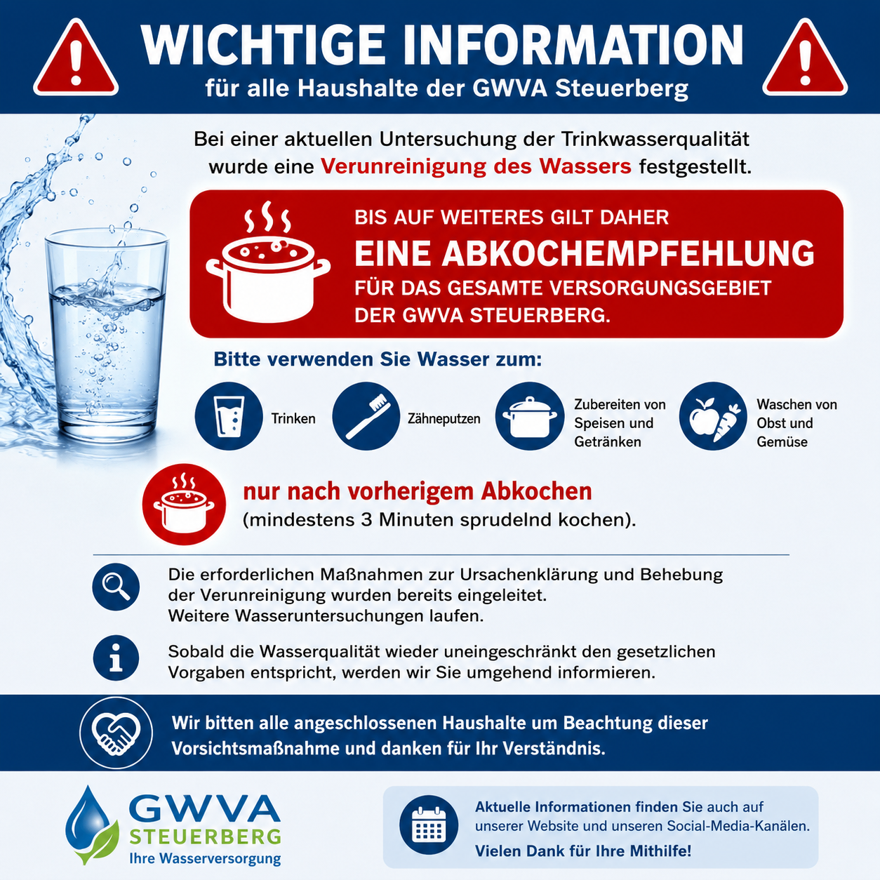 The image shows an infographic about water contamination in GWA Steuerberg. Boiling water for at least 3 minutes is recommended for drinking and food preparation. Further details are available on the GWA Steuerberg website.