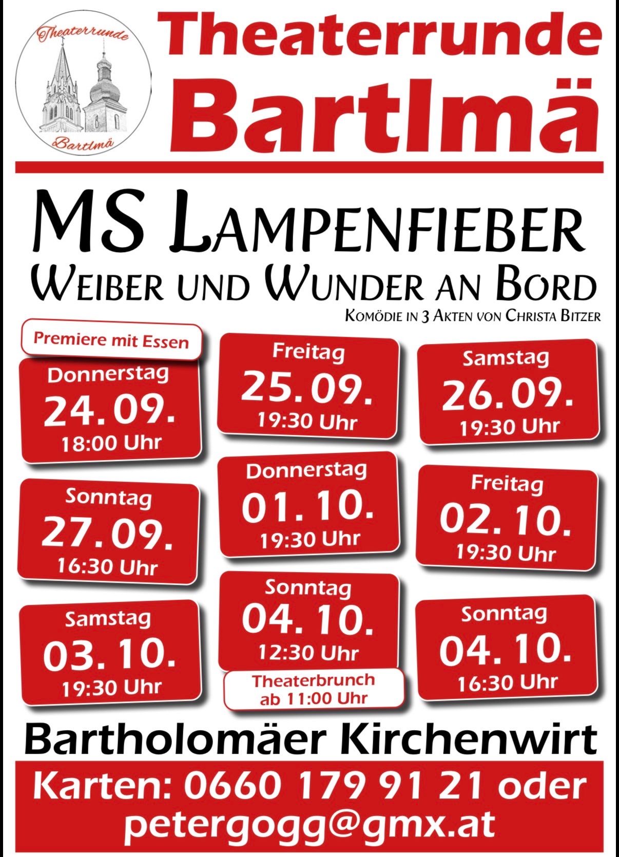 Plakat für MS Lampenfieber, ein Stück von Christa Bitzer. Zeigt Termine und Zeiten für Aufführungen im September und Oktober.