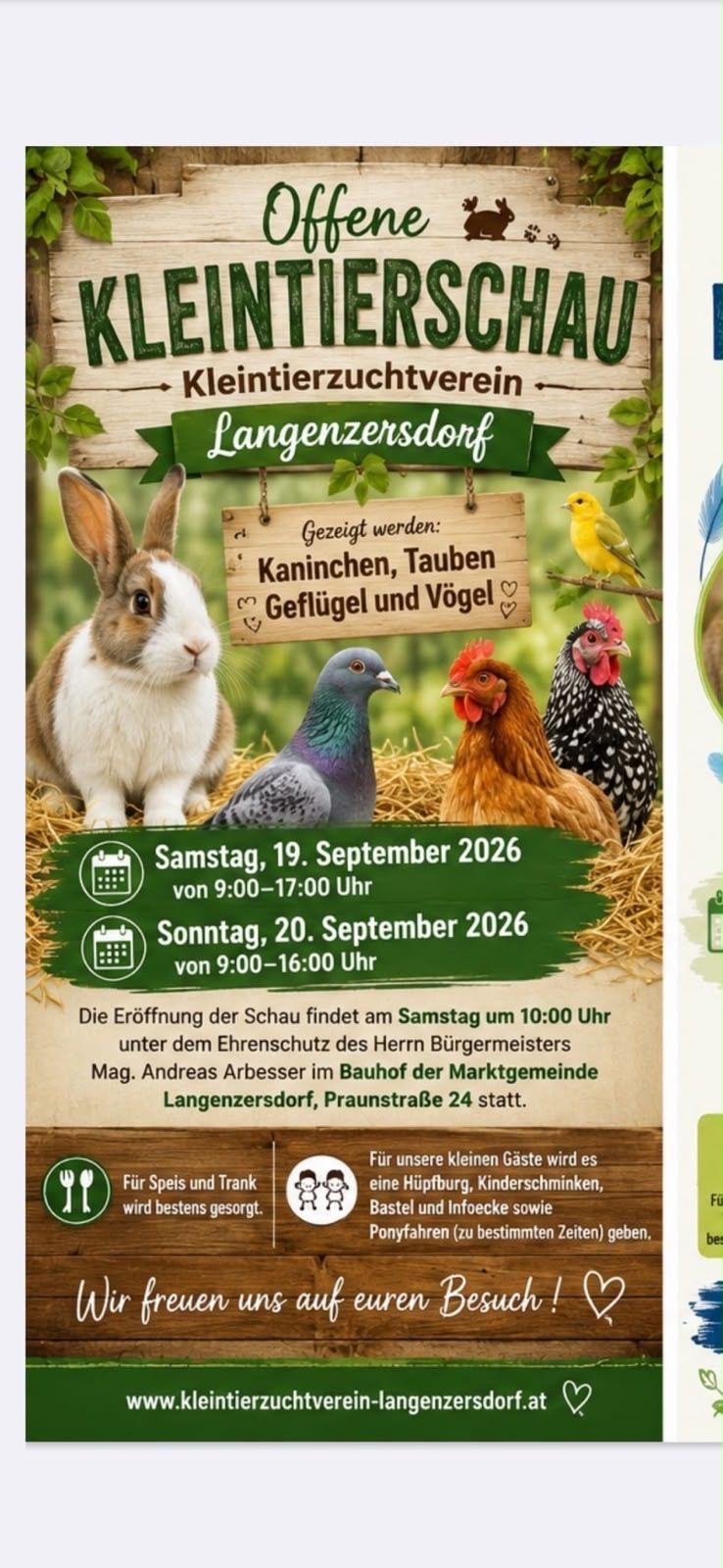 Plakat für eine Veranstaltung in Langenzersdorf mit Kaninchen, Tauben und Hühnern, Datum und Uhrzeit. Die Veranstaltung ist für den 19. und 20. September 2026 geplant.