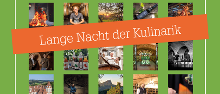 Ein grünes Poster mit 'Lange Nacht der Kulinarik' und Bildern von Menschen, Wein und Essen. Datum: Samstag, 21. März 2026, Zeit: 18-24 Uhr.