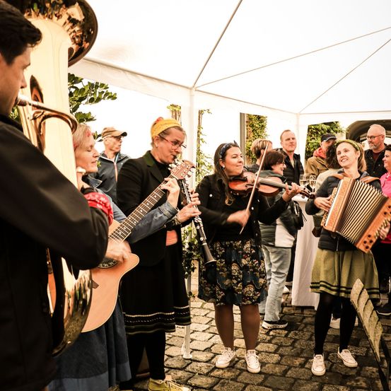 Eine Gruppe von Menschen spielt Musik unter einem Zelt. Der Mann spielt die Tuba. Die Frau mit den Brillengläsern spielt die Geige. Eine andere Frau spielt das Akkordeon.