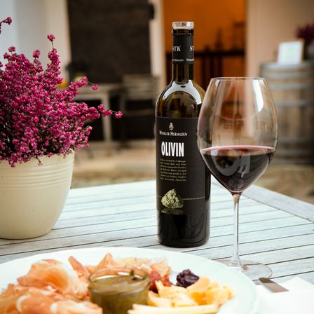 Ein Tisch mit einem Teller mit Aufschnitt, einer Flasche Rotwein und einem Weinglas. Links steht eine Vase mit rosa Blumen.