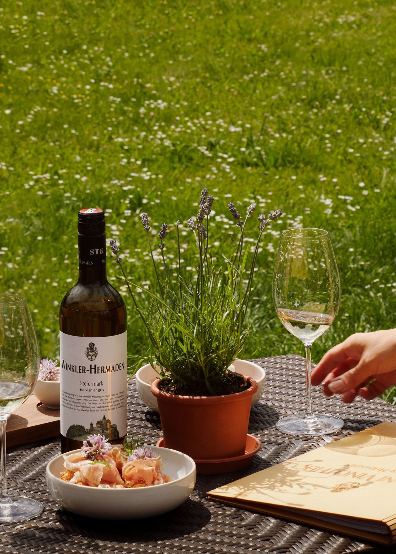 A bottle of wine, a potted lavender plant, and two wine glasses are on a table with a blurry background of a grassy field.