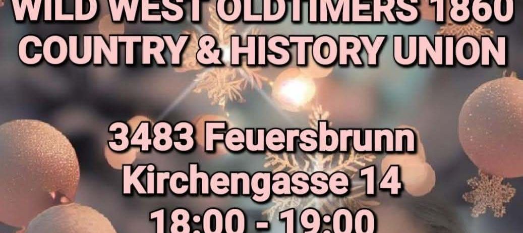 Plakat mit einer lächelnden Frau und Weihnachtsdekoration. Veranstaltung um 18:00-19:00 am 29.11.2025 in 3483 Feuersbrunn, Kirchengasse 14. Veranstaltet von Wild West Oldtimers 1860 Country & History Union.