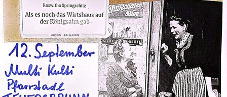 Plakat für eine Buchpräsentation mit einer Frau und einem Kind. Das Plakat enthält eine handgeschriebene Notiz mit Datum und Ort der Veranstaltung. Der Titel des Buches ist prominent angezeigt.