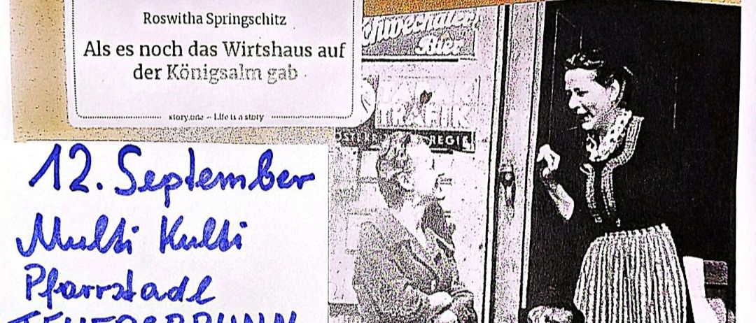 Plakat für eine Buchpräsentation mit einer Frau und einem Kind. Das Plakat enthält eine handgeschriebene Notiz mit Datum und Ort der Veranstaltung. Der Titel des Buches ist prominent angezeigt.
