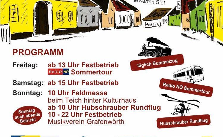 Plakat für die Seebarn am Wagram Veranstaltung mit einer Cartoon-Illustration von Häusern, einem Zug und einem Bus. Die Veranstaltung umfasst einen Festivalbetrieb, eine Feldmesse und einen Helikopterrundflug. Die Veranstaltung wird von verschiedenen Unternehmen gesponsert.