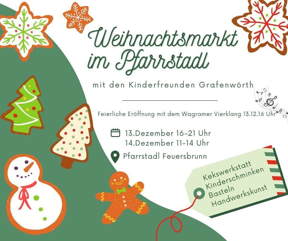 Ein Plakat bewirbt einen Weihnachtsmarkt in Pfarrstad mit Aktivitäten für Kinder. Es zeigt Lebkuchen, Schneeflocken und einen Weihnachtsbaum. Der Markt öffnet mit einem Lied des Wagramer Vierklangs am 13. Dezember. Die Marktdaten sind der 13. Dezember von 16-21 Uhr und der 14. Dezember von 11-14 Uhr.