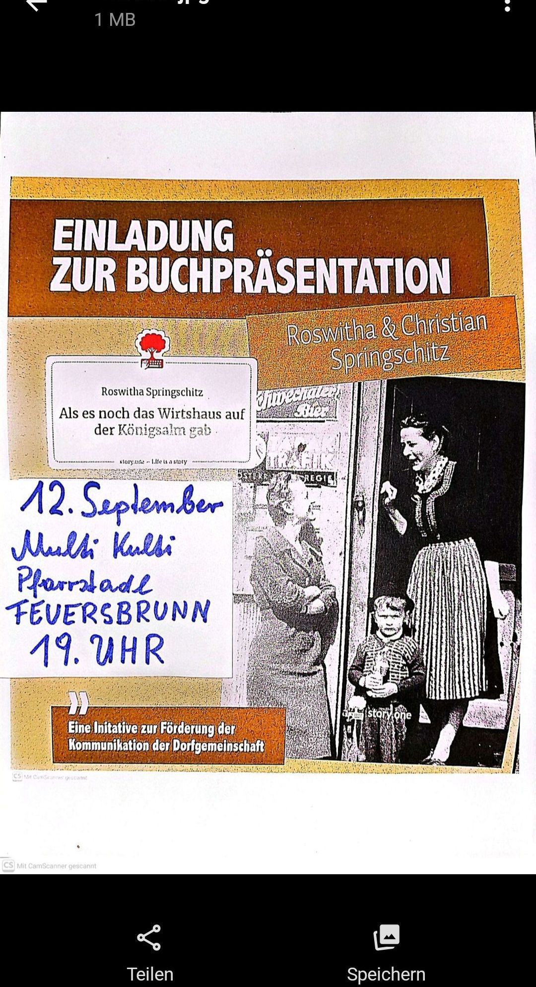 Ein Plakat für eine Buchvorstellungsveranstaltung. Es zeigt ein Schwarz-Weiß-Foto einer Frau und eines Kindes mit Textüberlagerungen in Blau und Weiß. Die Veranstaltung mit dem Titel 'Einladung zur Buchprasentation' ist für den 12. September um 19:00 Uhr geplant.