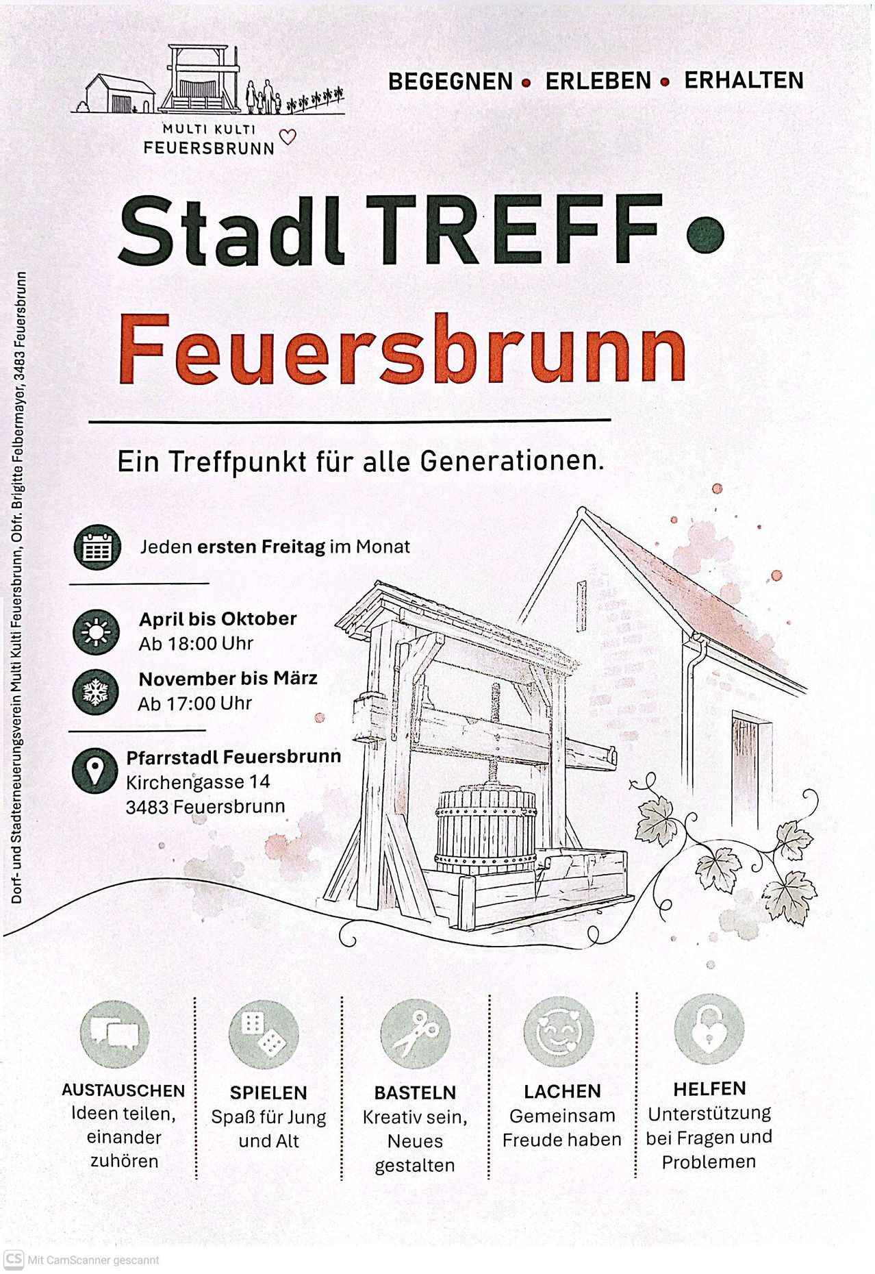 Plakat für Stadt Treff Feuersbrunn, ein Treffpunkt für alle Generationen. Es zeigt ein Haus, eine Weinpresse und Symbole für Datum, Uhrzeit und Ort. Die Adresse lautet Kirchengasse 14, 3483 Feuersbrunn.